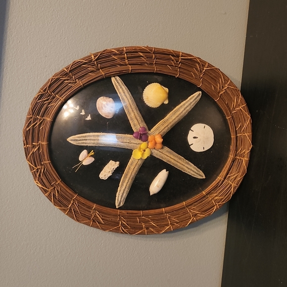 Other - Folk Art Seashells in Glass Wicker Frame Cottagecore Beach Coastal Vintage 1959